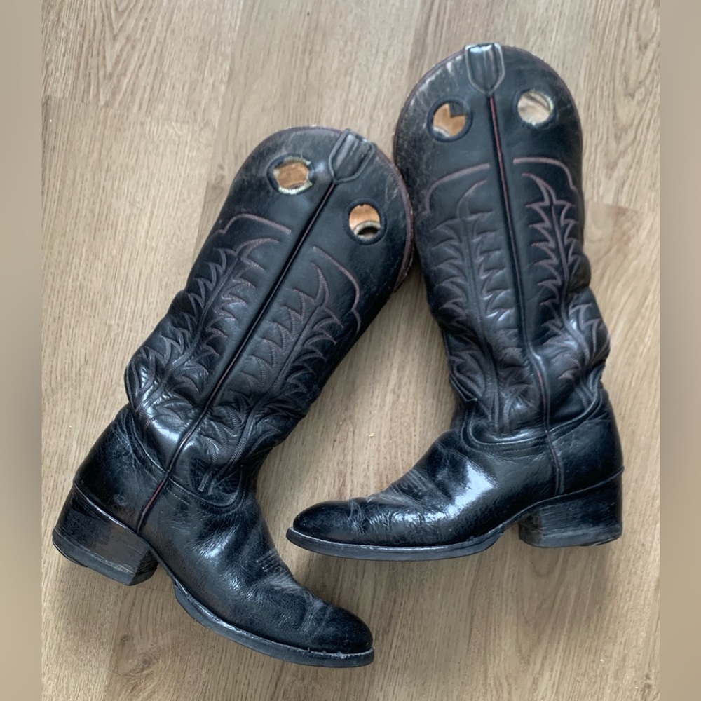 Tony Lama Cowboy Boots Black Western Men’s Size 9 E Vintage Worn Rodeo 6361